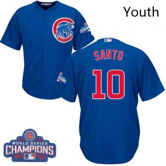 Youth Majestic Chicago Cubs 10 Ron Santo Authentic Royal Blue Alternate 2016 World Series Champions Cool Base MLB Jersey